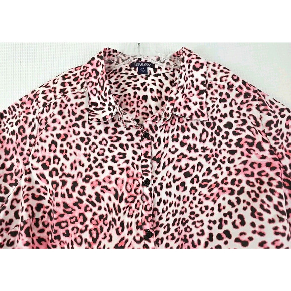 Roamans ~Woman Plus Size 32 W~ Pink/Brown Animal Print Button-Up Shirt Blouse LS - Picture 6 of 9